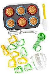 24-Piece Kids Baking Set by Boxiki Kitchen | Muffin Pan, 6 Silicone Cupcake Liners, 10 Cookie Cutters, Spatula, Egg Whisk, Mini Measuring Cup and 4 Measuring Spoons