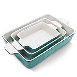 Bakeware Set, Krokori Rectangular Baking Pan Ceramic Glaze Baking Dish for Cooking, Kitchen, Cake Dinner, Banquet and Daily Use – Aquamarine, 3 Pack of Rectangular