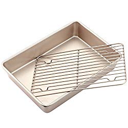 CHEFMADE Roasting Pan with Rack, 13-Inch Non-stick Rectangular Carbon Steel Deep Dish, FDA Approved for Oven Baking 13.6″ x 9.7″ x 2.4″ (Champagne Gold)