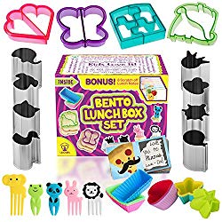 Complete Bento Lunch Box Supplies and Accessories For Kids – Sandwich Cutter and Bread Crust Shape Remover – Mini Vegetable Fruit Shapes cookie cutters – Silicone Cup Dividers – FREE Food Pick forks