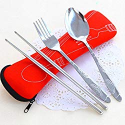 Cutlery Set for Picnic,Starlit 3 PCs Stainless Steel Spoon Fork Chopsticks (Red)