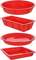 Juvale 4 Piece Bakeware Set – Baking Molds – Nonstick Silicone Bakeware Set Round, Square Rectangular Pans Pies, Cakes, Loaf More – Red, Sizes: 10.5″, 9.5″, 10″