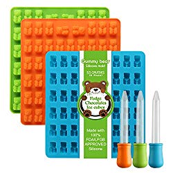 Newest Generation – 3 Pack Silicone Gummy Bear Molds 53 Cavities, 3 Bonus Droppers Perfect for Mints Chocolates Fudge Ice Cubes, BPA Free FDA Approved (Blue, Green, Orange) by Lizber