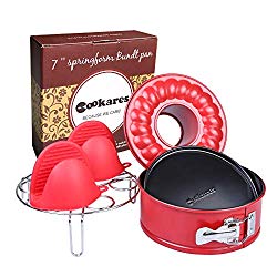 Nonstick 2-in-1 springform 7-inch cheesecake quick-release pan set: two interchangeable bottoms, egg rack for Instant Pot accessories & 2 mini Silicone Mitts; fits 5,6,8 Qt by CooKares