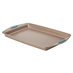 Rachael Ray Cucina Nonstick Bakeware Baking Pan/Cookie Sheet, 11-Inch x 17-Inch, Latte Brown, Agave Blue Handle Grips