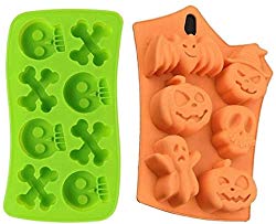 Set of 2 Silicone Halloween / Day of the Dead Candy Soap & Ice Molds – Pirate Party Supplies with Pumpkins Skulls Crossbones Ghosts Bats (Random Colors Sent) by Jolly Jon
