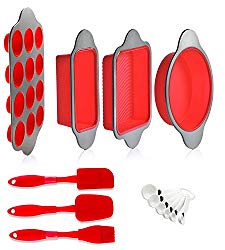 Silicone Baking Molds, Pans and Utensils (Set of 13) by Boxiki Kitchen | Silicone Cake Pan, Brownie Pan, Loaf Pan, Muffin Mold, 2 Spatulas, Brush and 6 Measuring Spoons