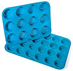 Silicone Muffin & Cupcake Baking Pan Set (12 & 24 Mini Cup Sizes) – Non Stick, BPA Free & Dishwasher Safe Silicon Bakeware Pans/Tins – Blue Top Home Kitchen Rubber Trays & Molds – Free Recipe eBook