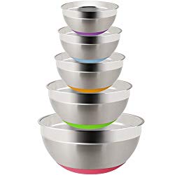 Stainless Steel Mixing Bowls (Set of 5), Non Slip Colorful Silicone Bottom Nesting Storage Bowls by Aammaxs-yyi, Polished Mirror Finish For Healthy Meal Mixing and Prepping 1.5-2 – 2.5-3.5 – 7QT