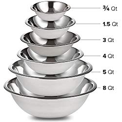 Stainless Steel Mixing Bowls Set of 6 for Cooking, Baking, Meal Prep, Serving, Nesting Bowls, Salads 3/4 – 1.5 – 3 – 4 – 5 – 8 Quarts
