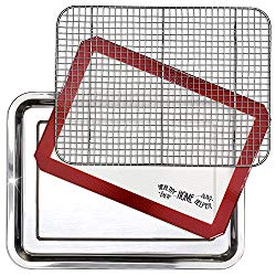 Stainless Steel Sheet Pan 15.5″ by 11.5″ & Cooling Rack & Silicone Baking Mat Set – Extra Durable Cookie Sheet, Oven Safe non-toxic heavy duty Bakeware. great for roasting Bacon, Biscuit, and Brownie.