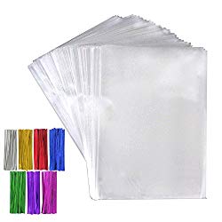 Tomnk 200pcs Cellophane Treat Bags Clear Candy Bags (6.3″ x 9″) with 200 Twist Ties 7 Mix Colors, Candy Bread Chocolate Jelly Bags, Bakery Bags