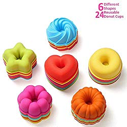 ULEE 24-Pcs Reusable Silicone Donut Molds – Nonstick & BPA Free Donut Baking Cups – 6 Shapes with 4 Brilliant Colors, Dishwasher, Oven, Microwave, Freezer Safe