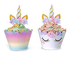 Unicorn Cupcake Decorations, Double Sided Toppers and Wrappers, Rainbow and Gold Glitter Decorations, Cute Girl’s Birthday Party Supplies, 48 pcs – By Xeren Designs