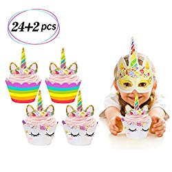 Unicorn Cupcake Toppers and Wrappers Double Sided Kids Party Cake Decorations Set of 24