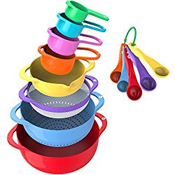 Vremi 13 Piece Mixing Bowl Set With Handle – With Nesting Colorful Measuring Cups Spoons Colander Mesh Strainer – BPA Free Plastic Stackable Nested Mixing Bowls Large Small Pour Spout Baking Cooking