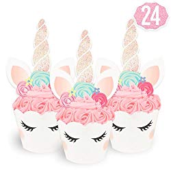 xo, Fetti Unicorn Cupcake Toppers + Wrappers | Birthday Party Supplies, Unicorn Horn Cake Decoration + Baby Shower – Set of 24