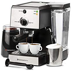 7 Pc All-In-One Espresso Machine & Cappuccino Maker Barista Bundle Set w/Built-In Steam Wand (Inc: Coffee Bean Grinder, Portafilter, Frothing Cup, Spoon w/Tamper & 2 Cups), Stainless Steel