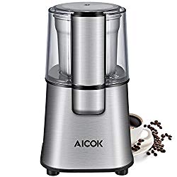 Aicok Coffee Grinder, Electric Spice and Coffee Grinder with Stainless Steel Blades and Removable Coffee Powder Bowl (200W), Silve