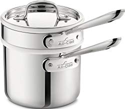 All-Clad 42025 Stainless Steel 3-Ply Bonded Dishwasher Safe Sauce Pan with Porcelain Double Boiler and Cookware Lid, 2-Quart, Silver