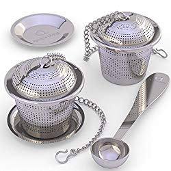 Apace Loose Leaf Tea Infuser (Set of 2) Tea Scoop Drip Tray – Ultra Fine Stainless Steel Strainer & Steeper a Superior Brewing Experience … (Medium, Silver)