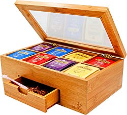 Bamboo Tea Box, BambooDaily Nice Tea Bag Storage Chest with Expandable Drawer, 8 Compartments, Clear Hinged Lid, Natural Color