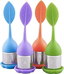 Bekith 4-Pack Tea Infuser – Stainless Steel Fine Mesh Tea Filter with BPA-Free Silicone Leaf Handle and Drip Tray – Perfect Tea Strainers for All Types of Loose Leaf Tea