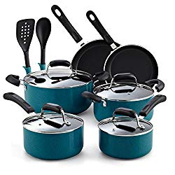 Cook N Home 02588 Nonstick Stay Cool Handle Cookware Set, 12-Piece, Turquoise