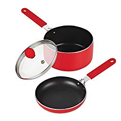 Cook N Home Nonstick 5.5″ Mini Size One Egg Fry Pan and Sauce Pan 1-QT with Lid Set, Red