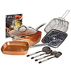 Copper Chef 10 Piece Cookware Set – 9.5 Inches Deep Square Pan & Frying Pan, Includes Fry Basket, Steamer Rack, Utensil Set and Recipe Book