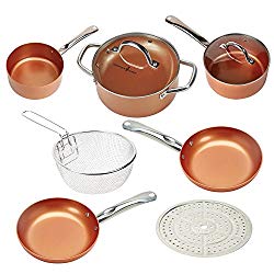 Copper Chef Cookware 9-Pc. Round Pan Set –Aluminum & Steel With Ceramic Non Stick Coating. Includes Lids, Frying and Roasting Pans Accessories
