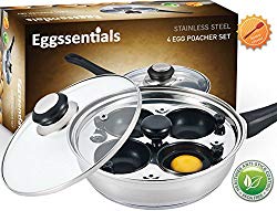 Eggssentials Poached Egg Maker – Nonstick 4 Egg Poaching Cups – Stainless Steel Egg Poacher Pan FDA Certified Food Grade Safe PFOA Free With Bonus Spatula