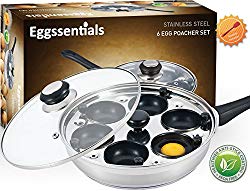 Eggssentials Poached Egg Maker – Nonstick 6 Egg Poaching Cups – Stainless Steel Egg Poacher Pan FDA Certified Food Grade Safe PFOA Free With Bonus Spatula