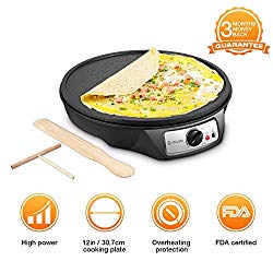 Electric Crepe Maker, iSiLER 1080W Electric Pancakes Maker Griddle, 12″ Electric Nonstick Crepe Pan with Batter Spreader & Wooden Spatula, Precise Temperature Control for Roti, Tortilla, Eggs, BBQ