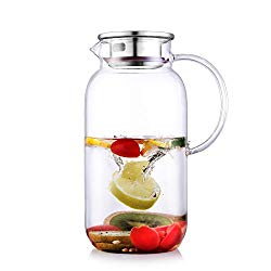 GOODESERVE 2.5 Liter Large Capacity Water Carafe Glass Pitcher with Stainless Steel Lid, Borosilicate Jug with Handle for Hot/Cold Water, Coffee, Ice Tea, Juice Beverage STOVE-TOP Safe GD0023 (2500ml)