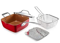 Gotham Steel Titanium Ceramic 9.5” Non-Stick Copper Deep Square Frying & Cooking Pan With Lid, Frying Basket, Steamer Tray, 4 Piece Set – Red