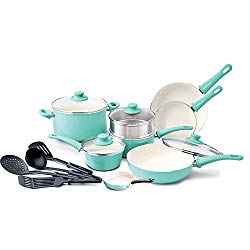 GreenLife Soft Grip 16pc Ceramic Non-Stick Cookware Set, Turquoise