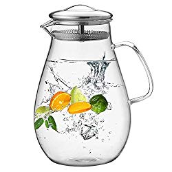 Hiware 64 Ounces Glass Pitcher with Stainless Steel Lid, Water Carafe with Handle, Good Beverage Pitcher for Homemade Juice and Iced Tea