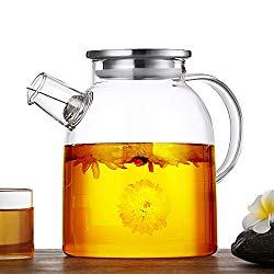 JIAQI 54 Oz Glass Water Pitcher with Stainless Steel Lid – Large Capacity Water Tea Pot with Safe Filter Iced Tea Pitcher