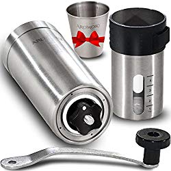 Manual Coffee Bean Grinder, Hand Held Conical Ceramic Burr Mill for Precision Brewing, Portable, Brushed Stainless Steel- Heavy Duty For K-cup, Espresso, French Press, Turkish- Free Bonus Gift