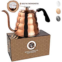 OPUX Premium Gooseneck Coffee Kettle With Thermometer For Pour Over | 40 fl oz | Stainless Steel Drip Kettle with Ergonomic Handle for Home Brewing, Tea (Glossy Copper, Solid Top)