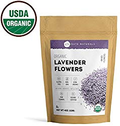 Organic Lavender Flowers – Kate Naturals. Premium Grade. Dried. Perfect For Tea, Lemonade, Sachets, Baking, Baths. Fresh fragrance. Large Resealable Bag. Gluten-Free and Non-GMO. 1-Year Guarantee 4oz