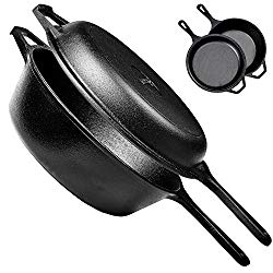Pre-Seasoned Cast Iron 2-In-1 Combo Cooker | 3-Quart Dutch Oven and Skillet Lid Set Oven Safe Cookware | Use As Dutch Oven and Frying Pan | Indoor and Outdoor Use | Grill, Stovetop, Induction Safe