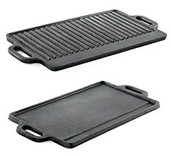 ProSource Kitchen hg-1101-griddle Professional Heavy Duty Reversible Double Burner Cast Iron Grill Griddle, 20 by 9-Inch, Black