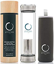 Pure Zen Tea Tumbler with Infuser | BPA Free Double Wall Glass Travel Tea Mug with Stainless Steel Filter | Leakproof Tea Bottle with Strainer For Loose Leaf Tea and Fruit Water 13 Ounce