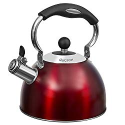 QuCrow Whistling Tea Kettle with Heat-Proof Handle, Kitchen Grade Stainless Steel Teapot Stovetops, 2.75 Quart, Red
