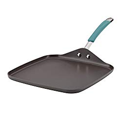 Rachael Ray 87659 Cucina Hard-Anodized Shallow Griddle, 11″, Gray With Agave Blue Handle