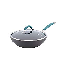 Rachael Ray Cucina Hard-Anodized Nonstick Covered Stir Fry Pan, 11-Inch, Gray, Agave Blue Handles