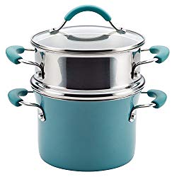 Rachael Ray Cucina Hard Porcelain Enamel Nonstick Multi-Pot/Steamer Set, 3-Quart, Agave Blue