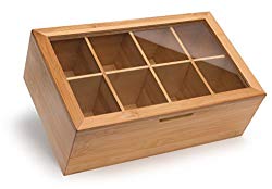 Randomgrounds Bamboo Tea Box Storage Organizer, Taller Size Holds 120+ Standing or Flat Tea Bags, 8 Adjustable Chest Compartments, Natural Wooden Finish
